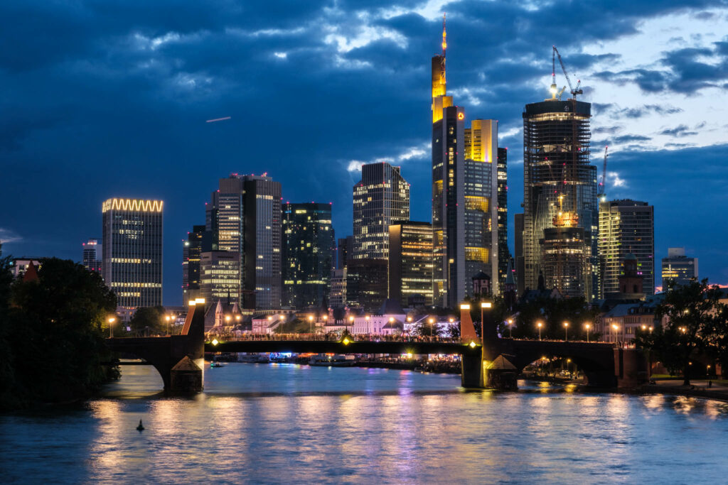 Frankfurt financial district cityscape during blue hour 