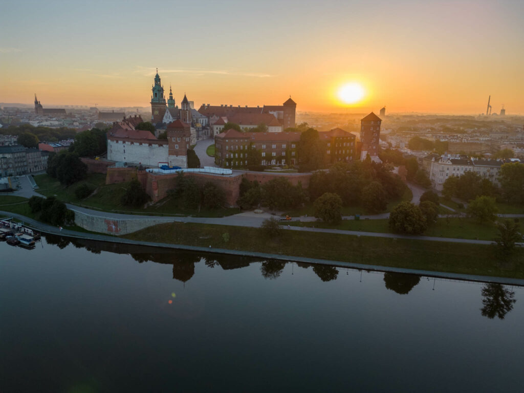 Beautiful dawn shot of Krakow Castle from a drone 