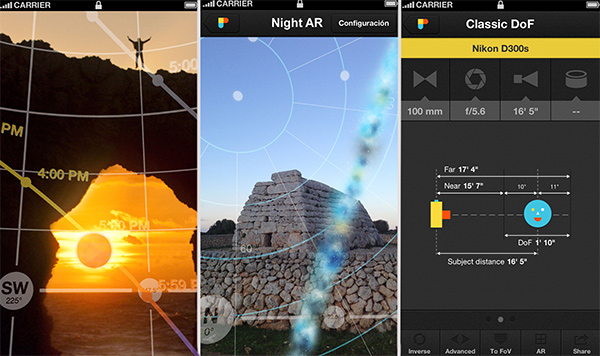 From Left to Right: Live view of Augmented Reality; Live View of Night Augmented Reality; Depth of Field Calculator.