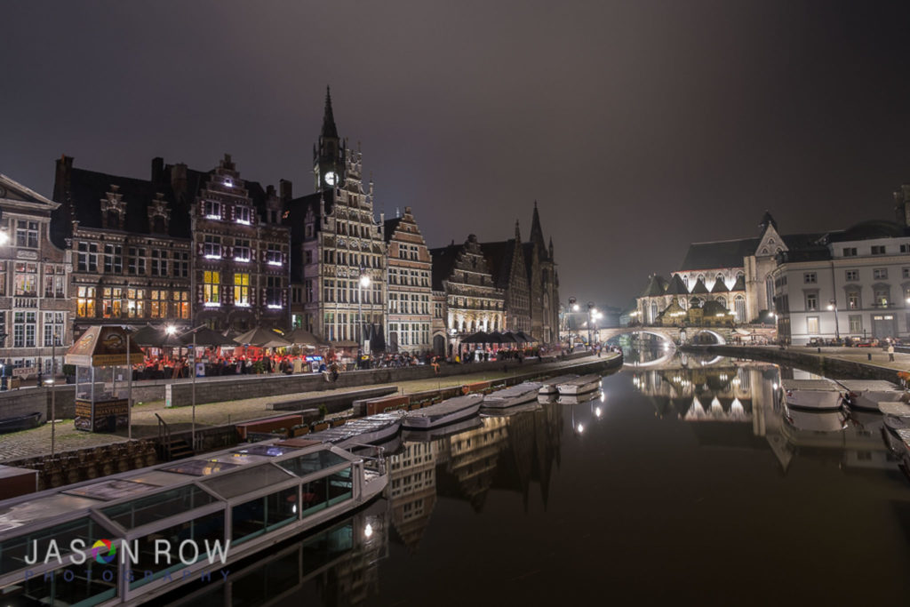 Banks of a canal in Ghent Belgium taken in the still of night