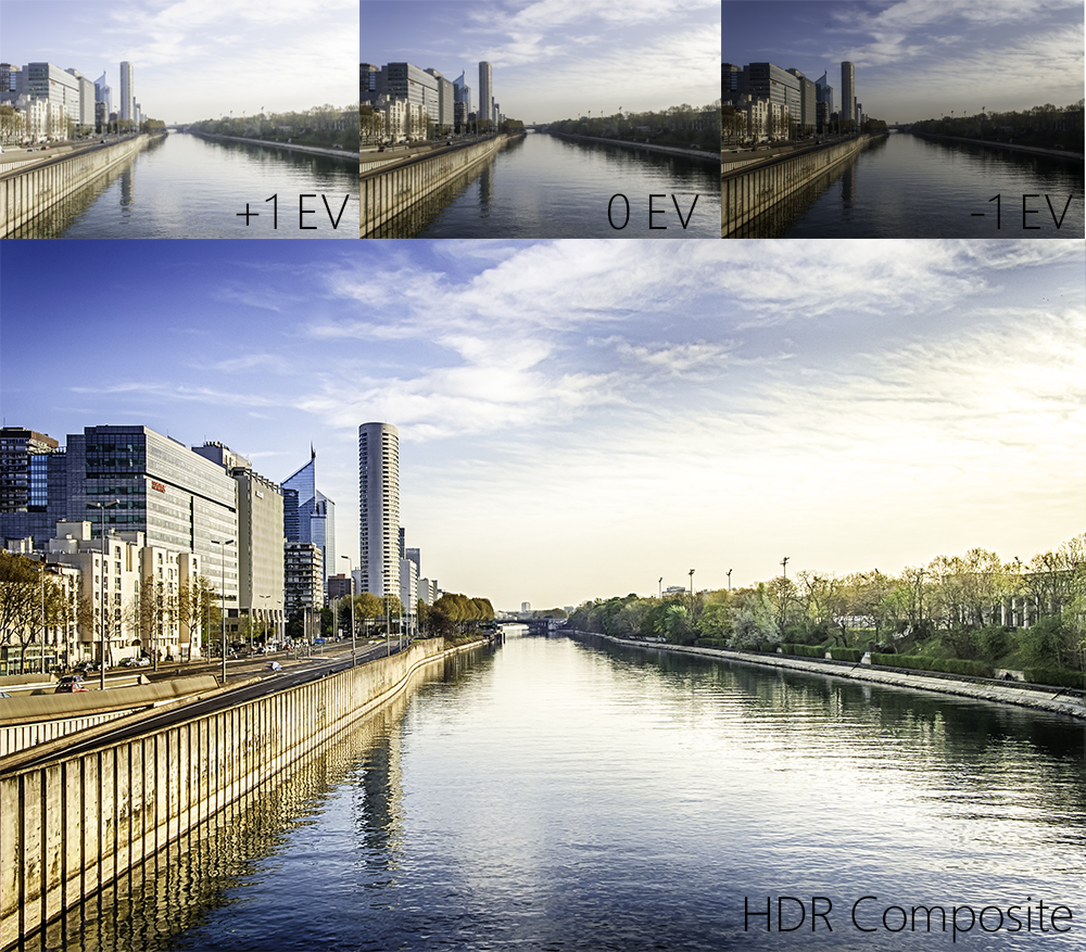 The 3 sample images are blended together through HDR software to create a composite with greater amount of dynamic range