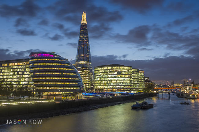 A long exposure shot of The Shard and City Hall at Night