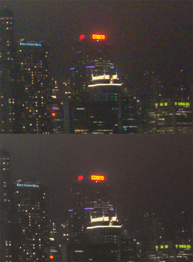 The upper image has no Color Noise correction. The lower one has had it added