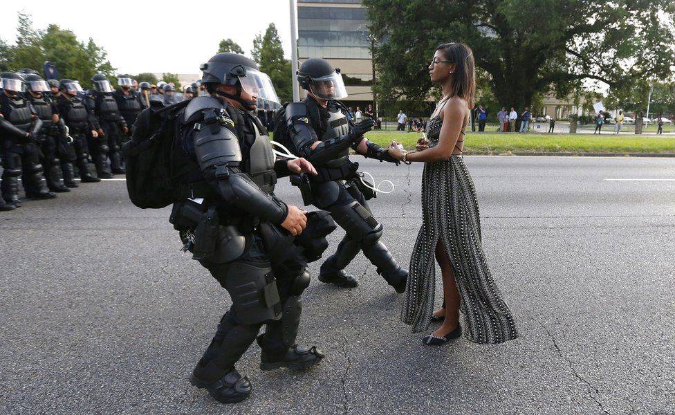 Protestor Ieshia Evans is detained by law enforcement near the headquarters of the Baton Rouge Police Department on July 9. Jonathan Bachman/Reuters