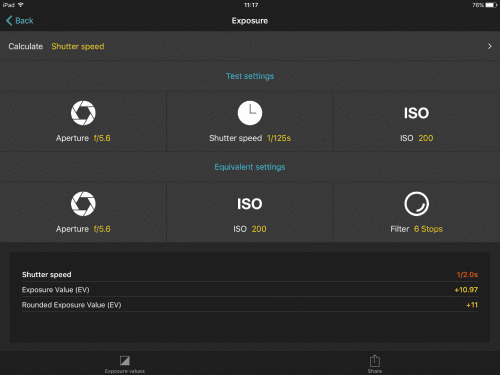 The exposure calculator is particularly useful when using ND filters.