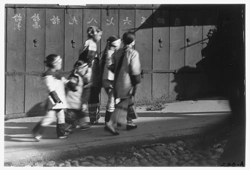 Five girls in holiday finery, Chinatown, San Francisco