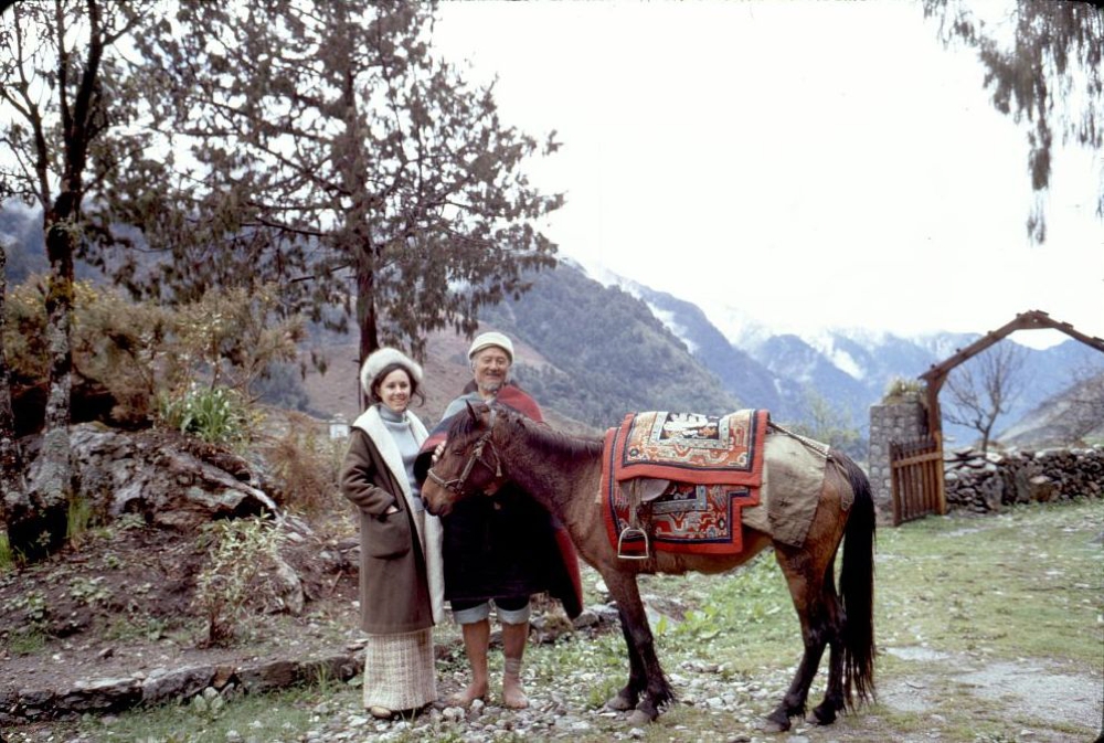 Alice Kandell with villager and horse, Sikkim