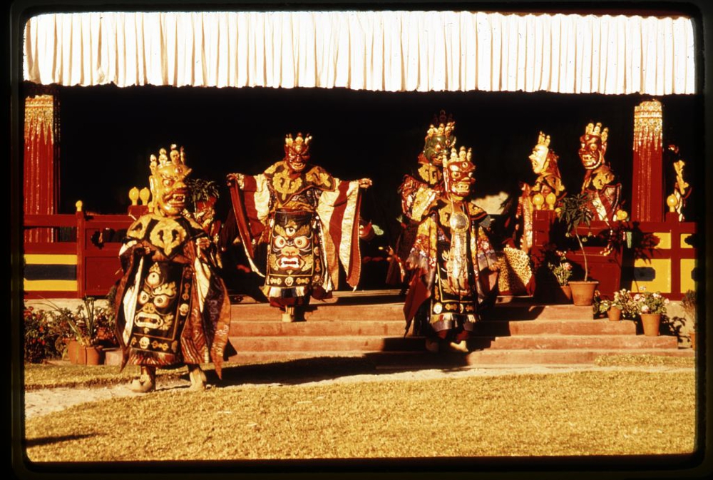 Mahakala masked dancers entering the New Year's ceremony, Gangtok, Sikkim