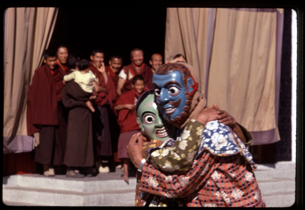 Masked clowns entertaining crowd at the New Year's ceremony, Gangtok, Sikkim