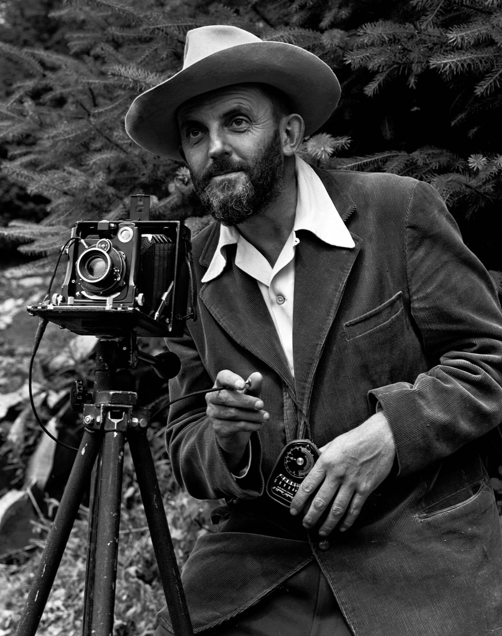 A photo of a bearded Ansel Adams with a camera on a tripod and a light meter in his hand. Adams is wearing a dark jacket and a white shirt, and the open shirt collar is spread over the lapel of his jacket. He is holding a cable release for the camera, and there is a rocky hillside behind him. The photo was taken by J. Malcolm Greany, probably in 1947.