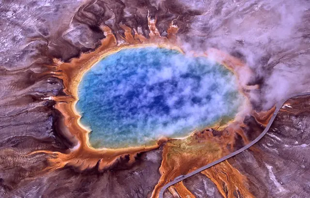 Aerial view of Grand Prismatic Spring; Hot Springs, Midway & Lower Geyser Basin, Yellowstone National Park