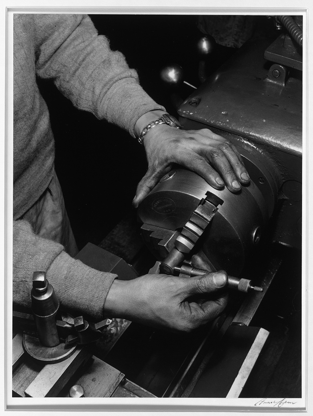 Hands of lathe worker, Manzanar Relocation Center