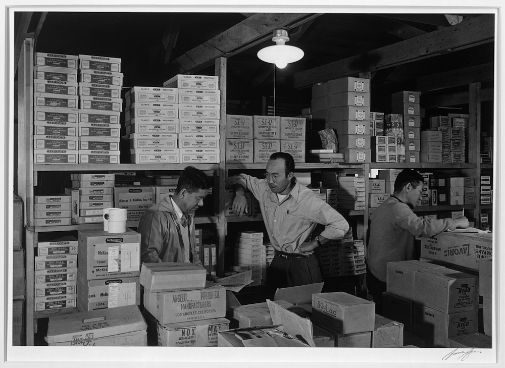 Warehouse, M. Ogi, manager; S. Sugimoto, manager of Co-op; Bunkichi Hayashi, Manzanar Relocation Center