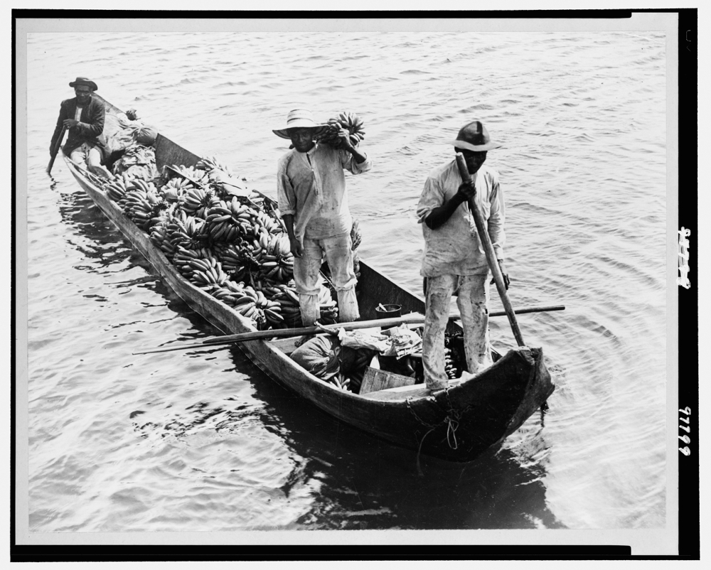 Three men in a boat transporting bananas to the city markets in Panama