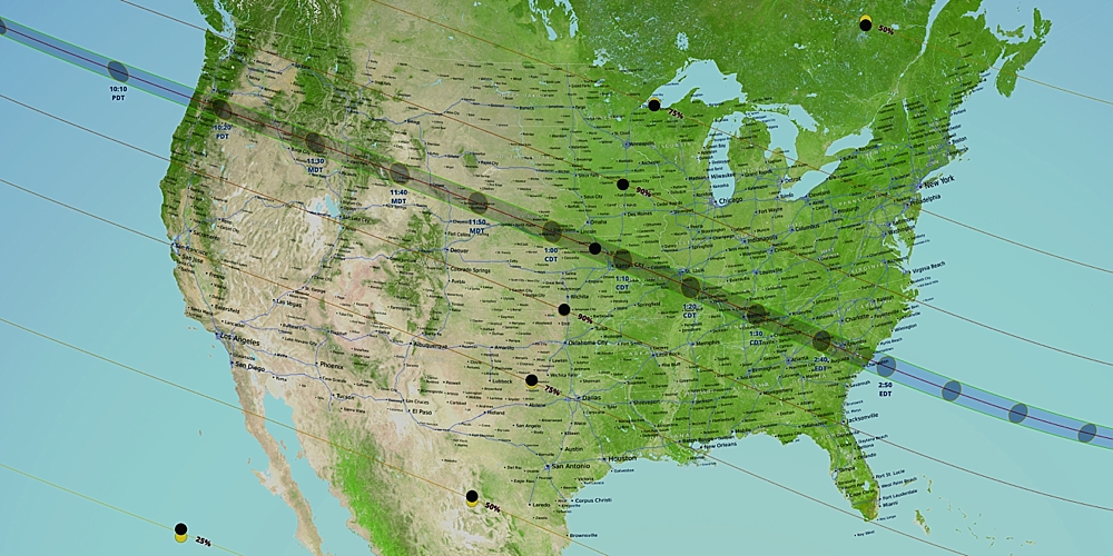 This unique map shows the path of the moon’s umbral shadow – in which the sun will be completely obscured by the moon – during the total solar eclipse of Aug. 21, 2017, as well as the fraction of the sun’s area covered by the moon outside the path of totality. The lunar shadow enters the United States near Lincoln City, Oregon, at 9:05 a.m. PDT. Totality begins in the United States in Lincoln City, Oregon, at 10:16 a.m. PDT. The total eclipse will end in Charleston, South Carolina, at 2:48 p.m. EDT. The lunar shadow leaves the United States at 4:09 p.m. EDT. A partial eclipse will be visible throughout the United States.