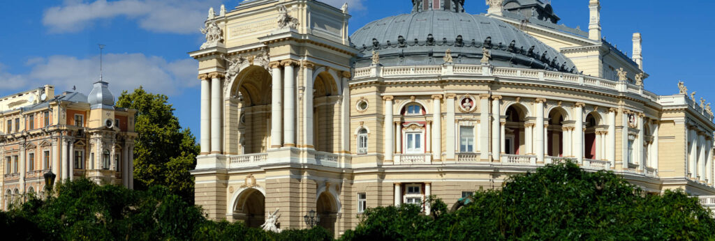 A panormaic image of the Odesa Opera House in Odea, Ukraine