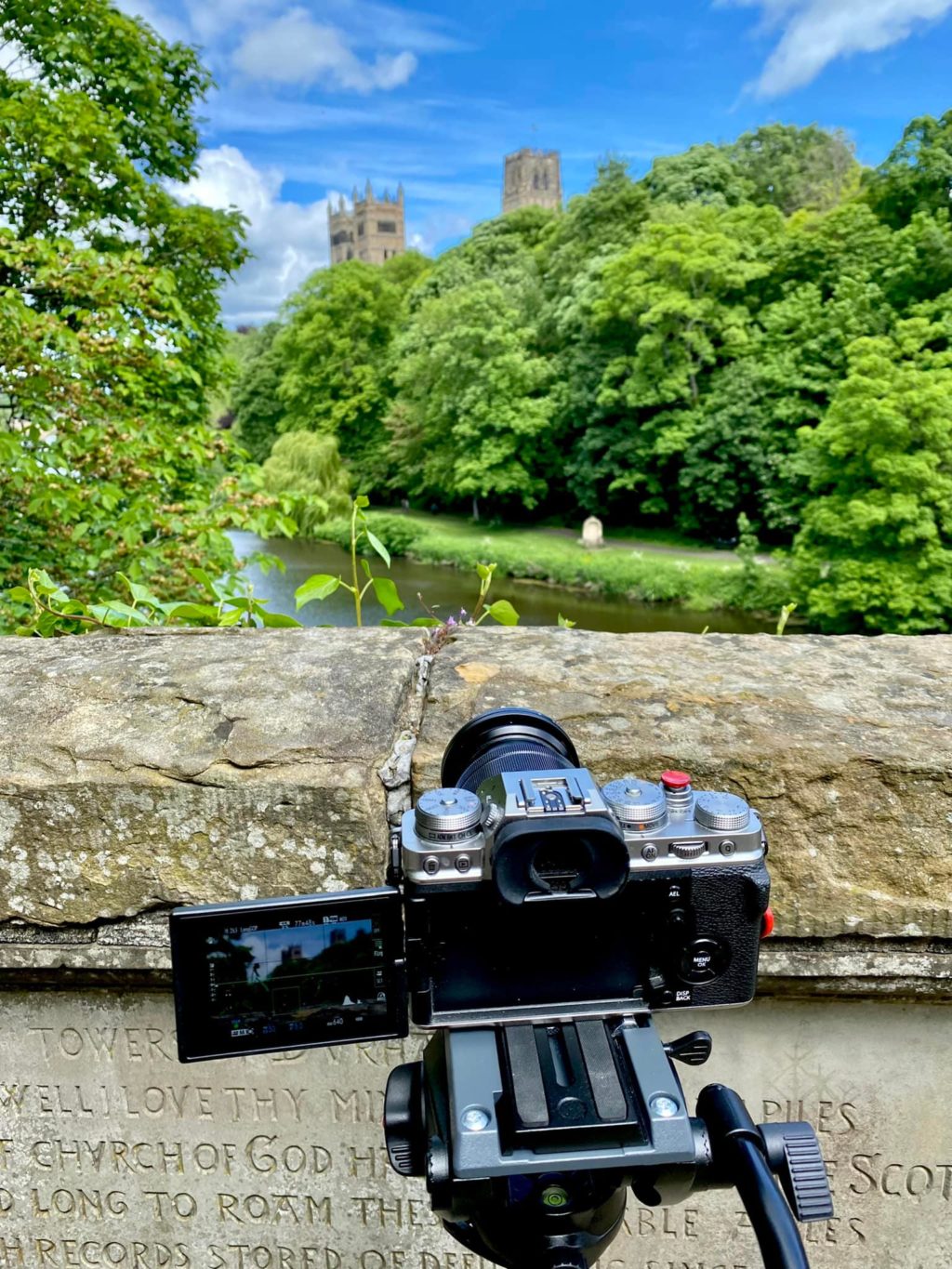 Fuji camera on tripod in front of Durham Cathedral patience