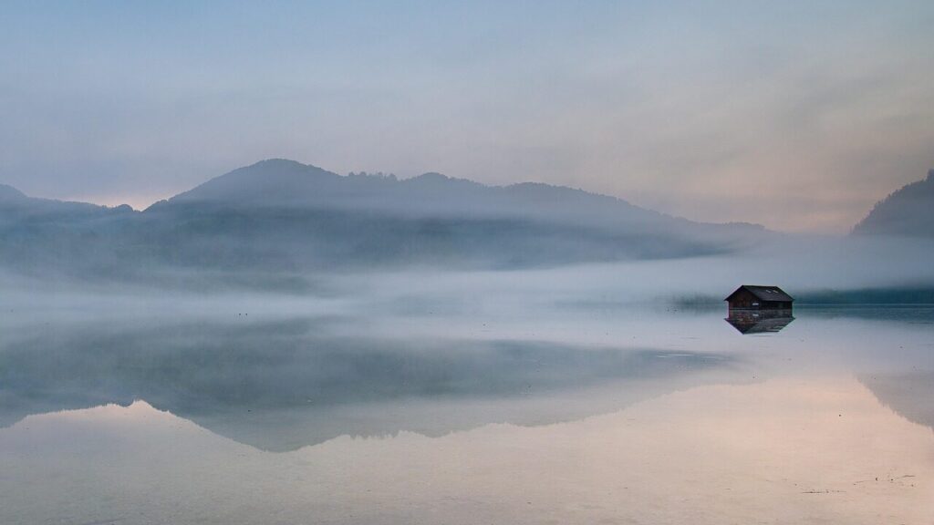 mist, lake, cottage, mountains, salzkammergut, austria, nature, landscape