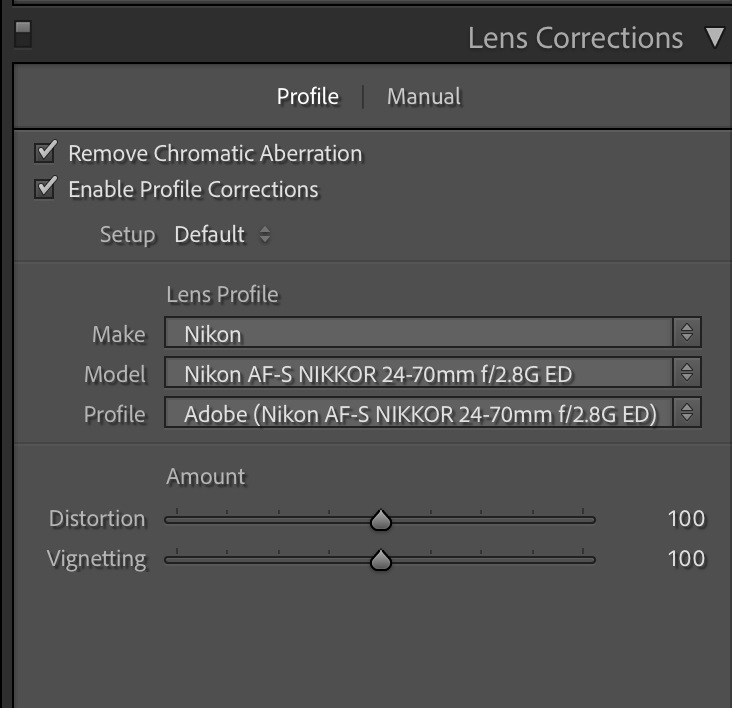 Lens correction panel in Lightroom with Nikon D3 showing 