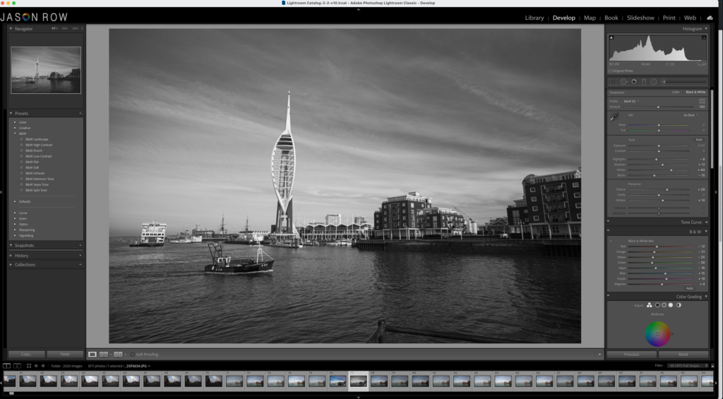 Black and White image of Portsmouth seen in Lightroom