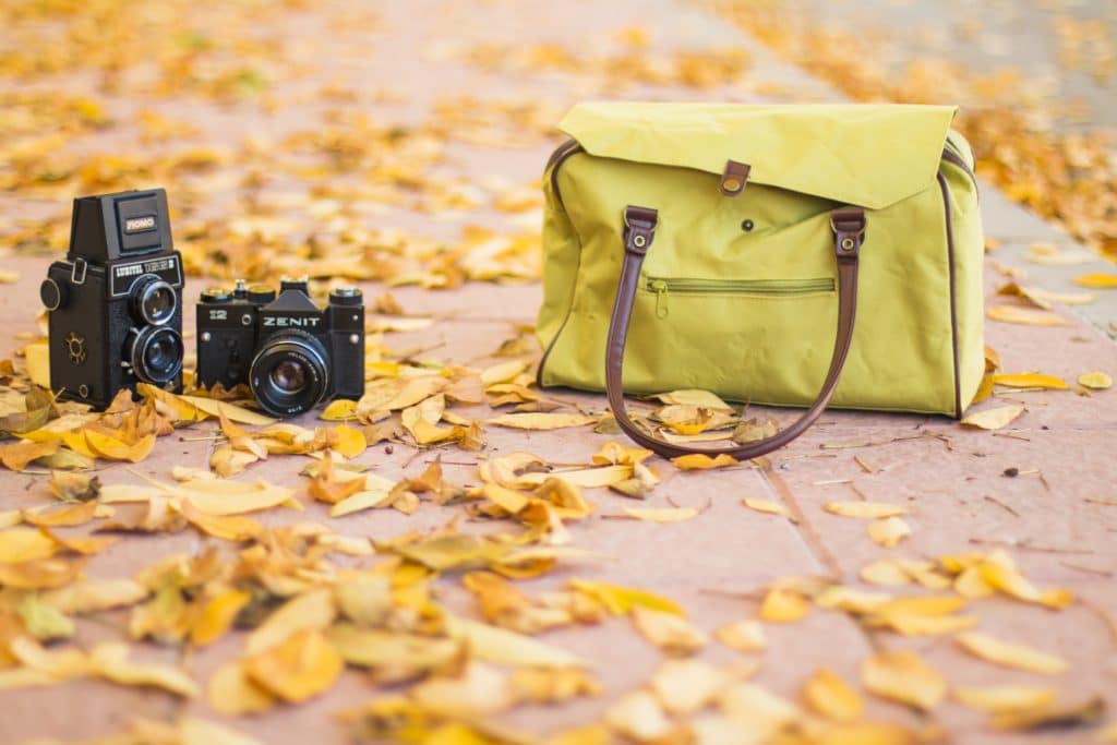 a camera on a colorful surface