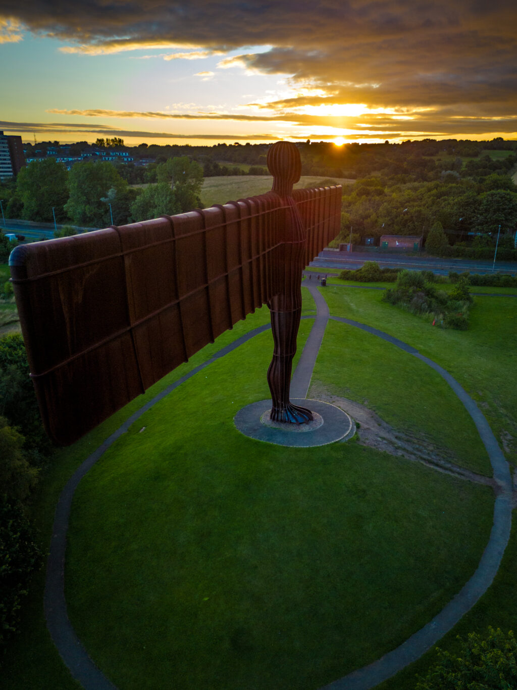 The Angel of the North near Newcastle at sunrise, shot from a DJI drone