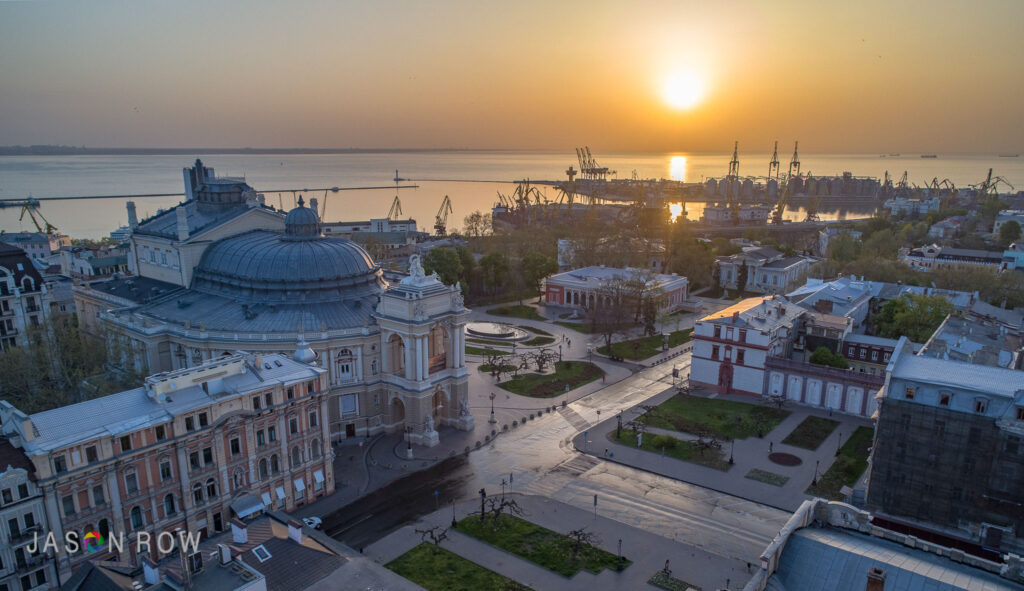 Aerial view of the Odesa Opera House and City at dawn 