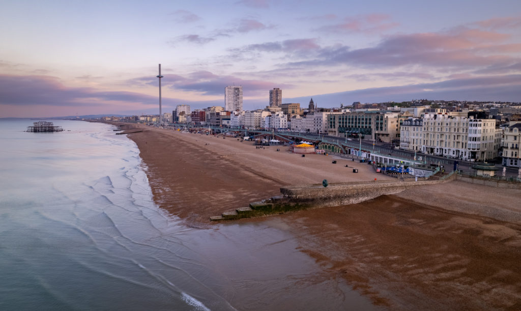 Brighton beach and i360 at dawn returning to drone photography