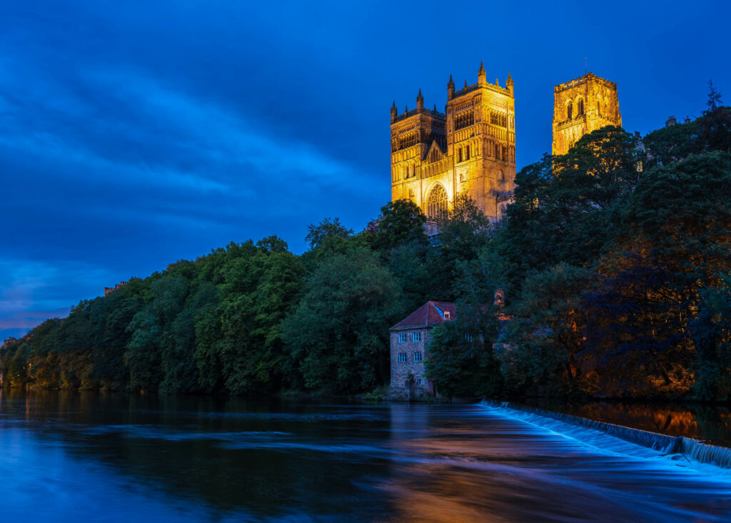 Evening blue hour shot of Durham Cathedral in Northern England