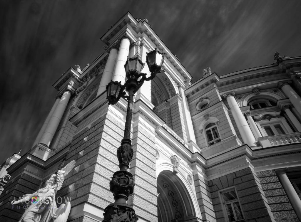 Angled long exposure, monochrome shot of Odessa Opera House