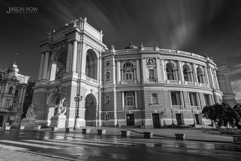 Black and white shot of Odessa Opera house. 