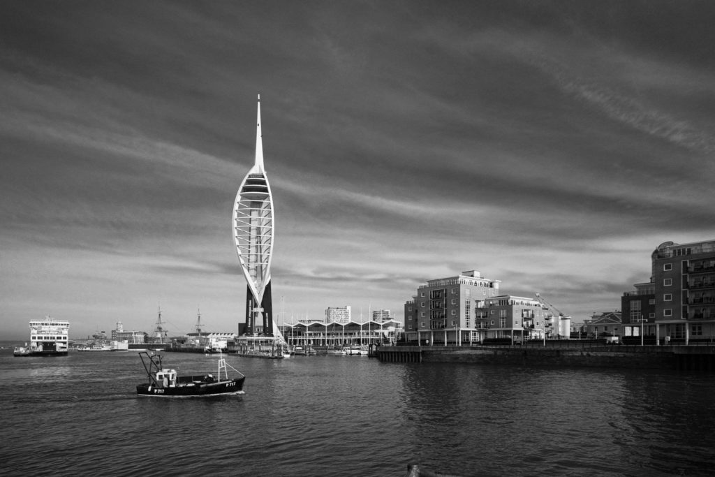 Portsmouth and the Millennium Tower in black and white 