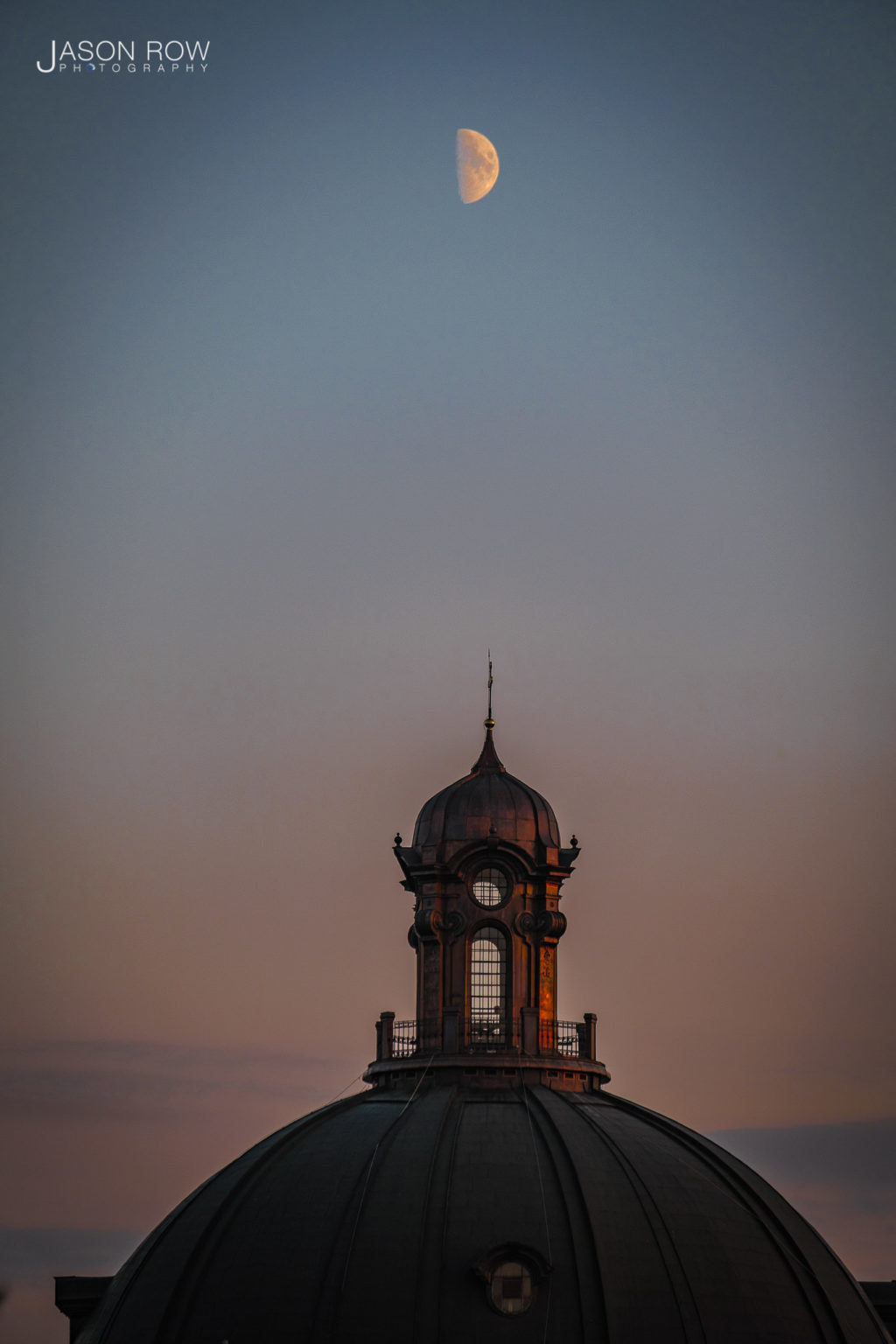 Church dome with moon above photography vlog