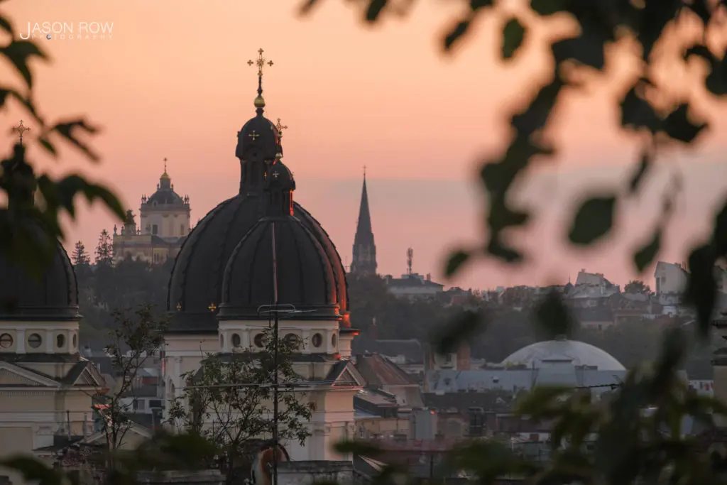 Skyline of Lviv at dusk