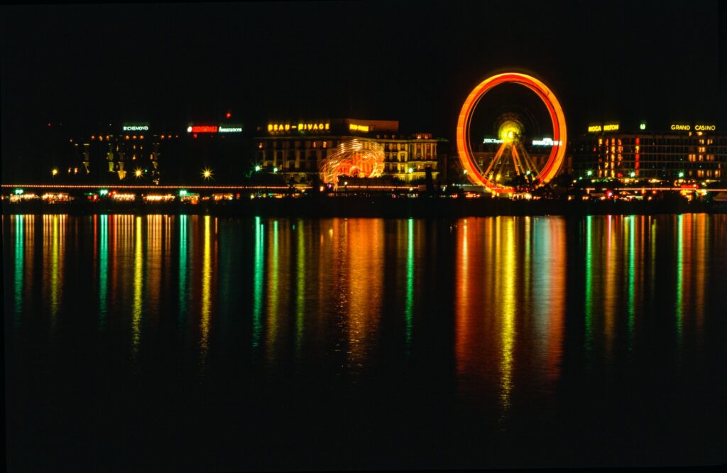 city center with river at night