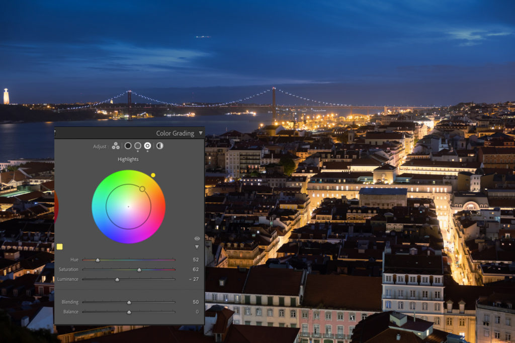 The highlights color wheel in Adobe Lightroom