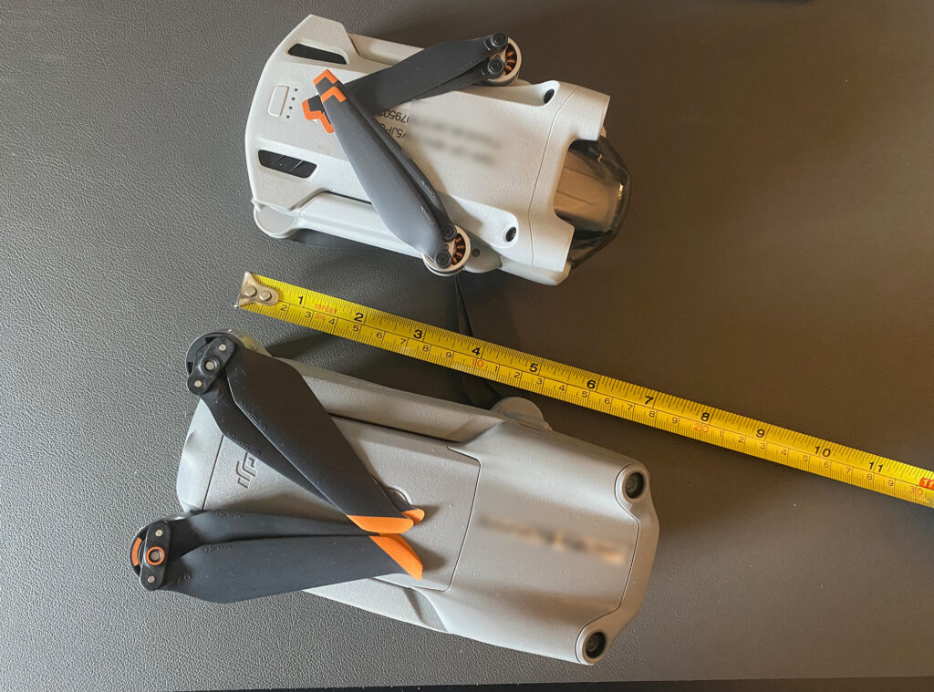 Comparision in size of the DJI Mini 3 Pro and Air 2S drones.