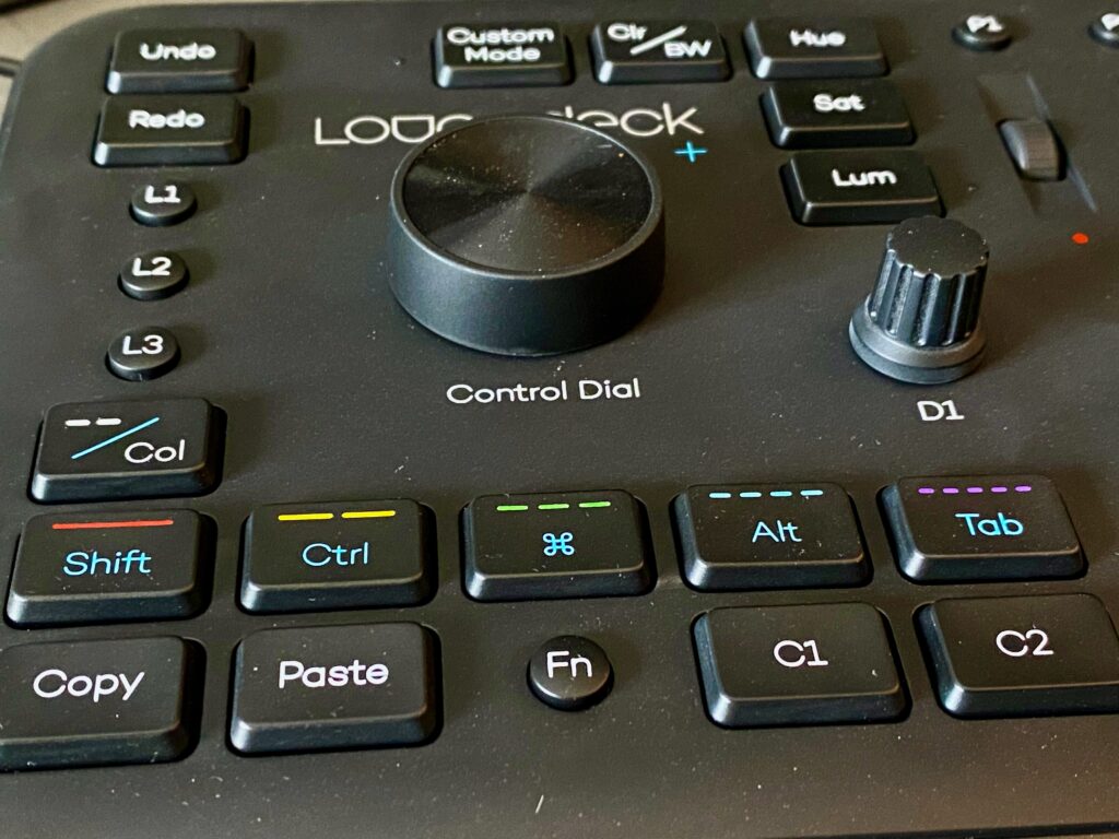 Close up of the controls on a Loupedeck editing keyboard