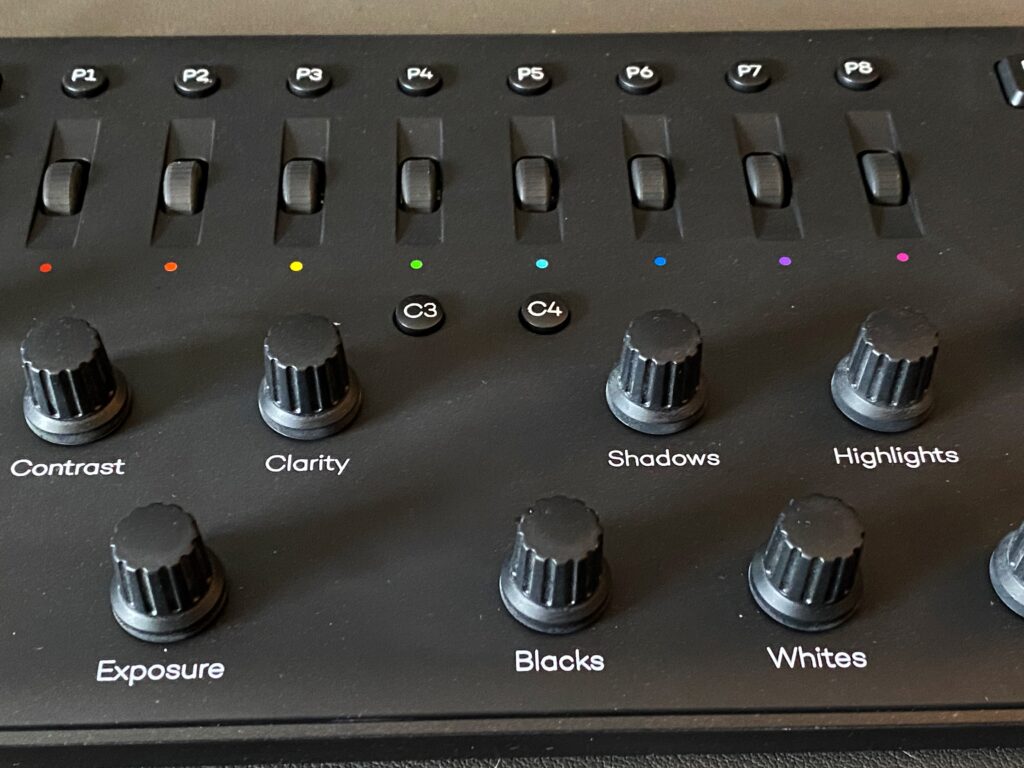 Close up of the controls on a Loupedeck editing keyboard 