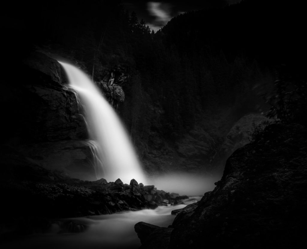 black and white waterfall