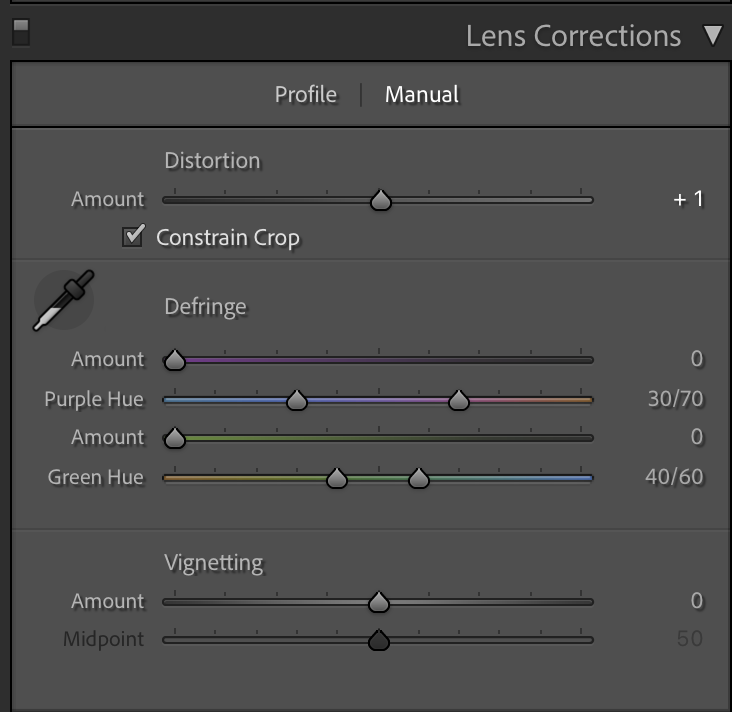 Lightroom lens correction panel, manual tools 