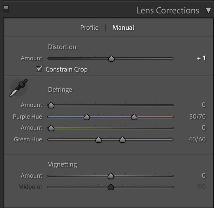 Lightroom lens correction panel, manual tools