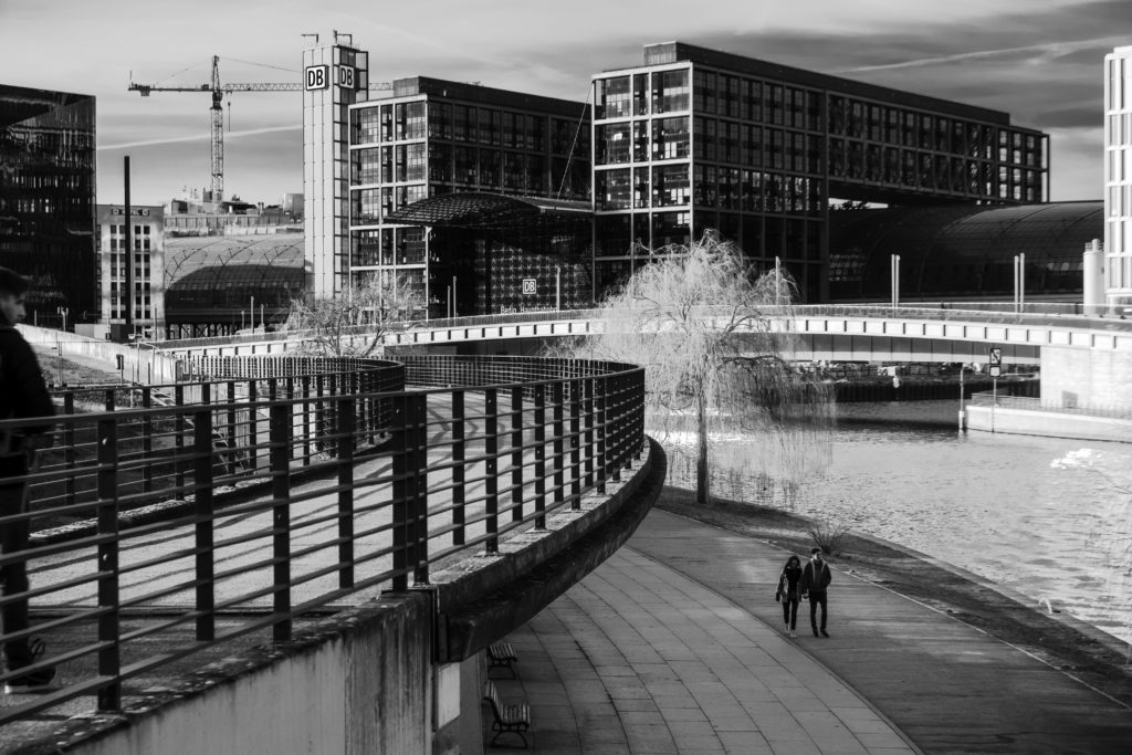 Black and white shot of Berlin train station