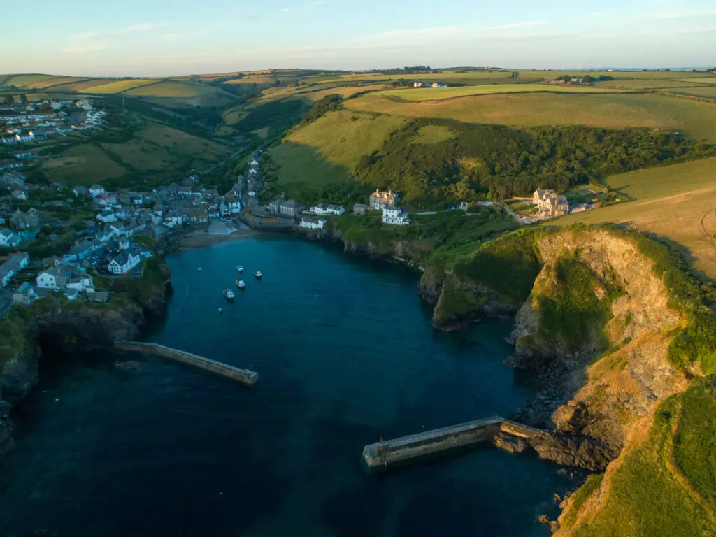 Drone shot of Port Issac in Cornwall, England