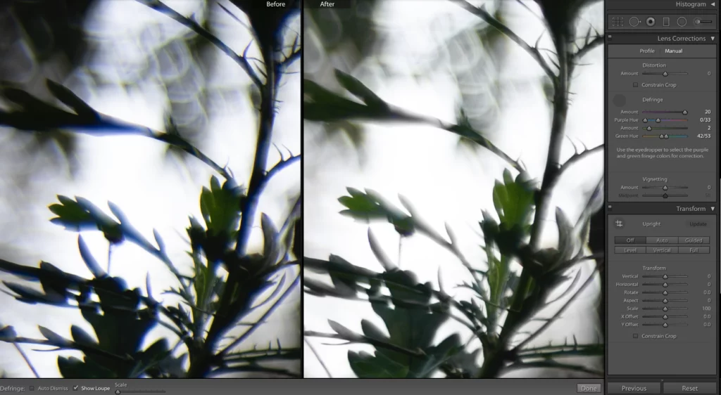 removing chromatic aberration Lightroom manually