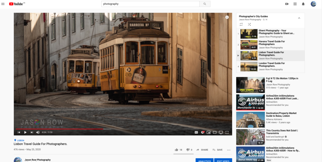 Screenshot of a photographer's city guide on Youtube