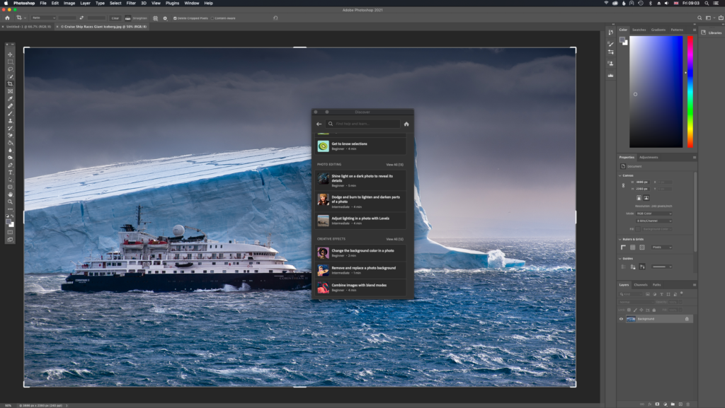 Screenshot of tutorials available within Photoshop