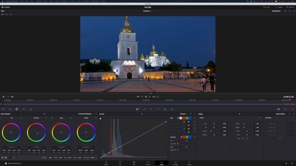 Screenshot of the color module of Davinci Resolve