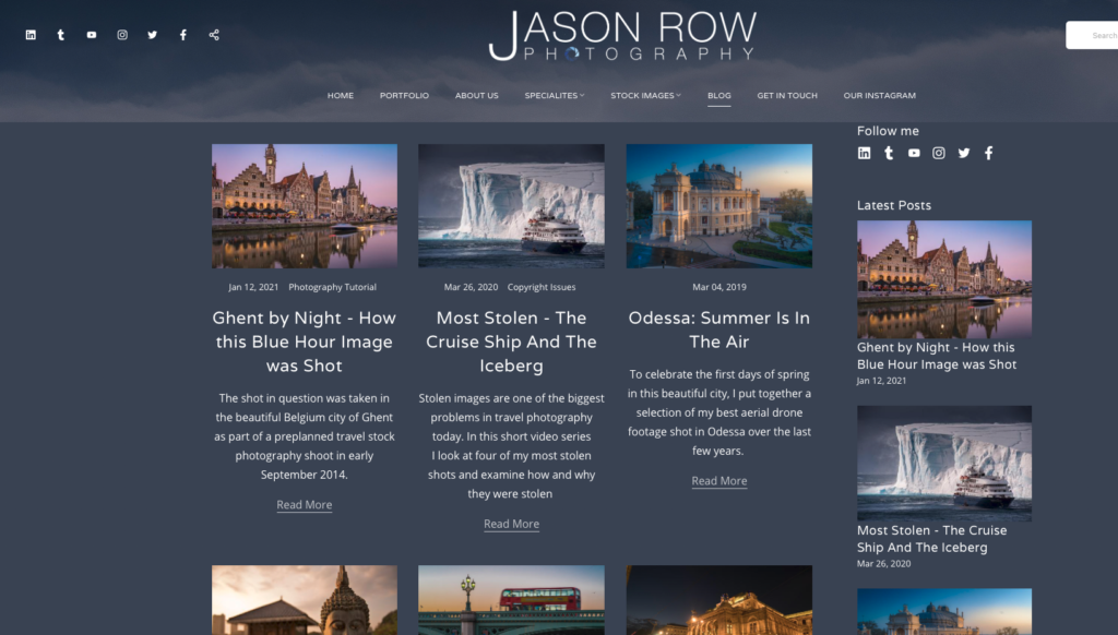 Screenshot of a photographer's blog web page
