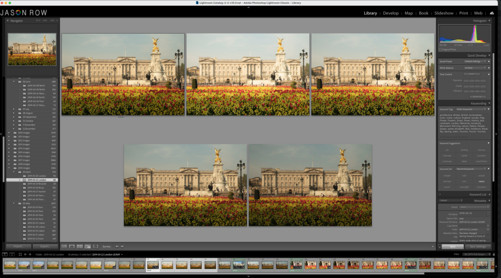 Five shots of Buckingham Palace in Lightroom